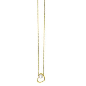 Size: 18 - Open Heart and Pearl Necklace in 14K Yellow Gold