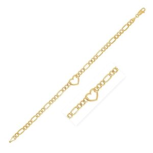 Size: 7 - Figaro Chain Heart Bracelet in 10K Yellow Gold (4.50 mm)