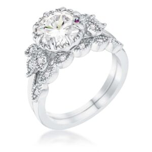 2.25Ct Rhodium Plated Round Cut CZ Trio Laurel Leaf Engagement Set